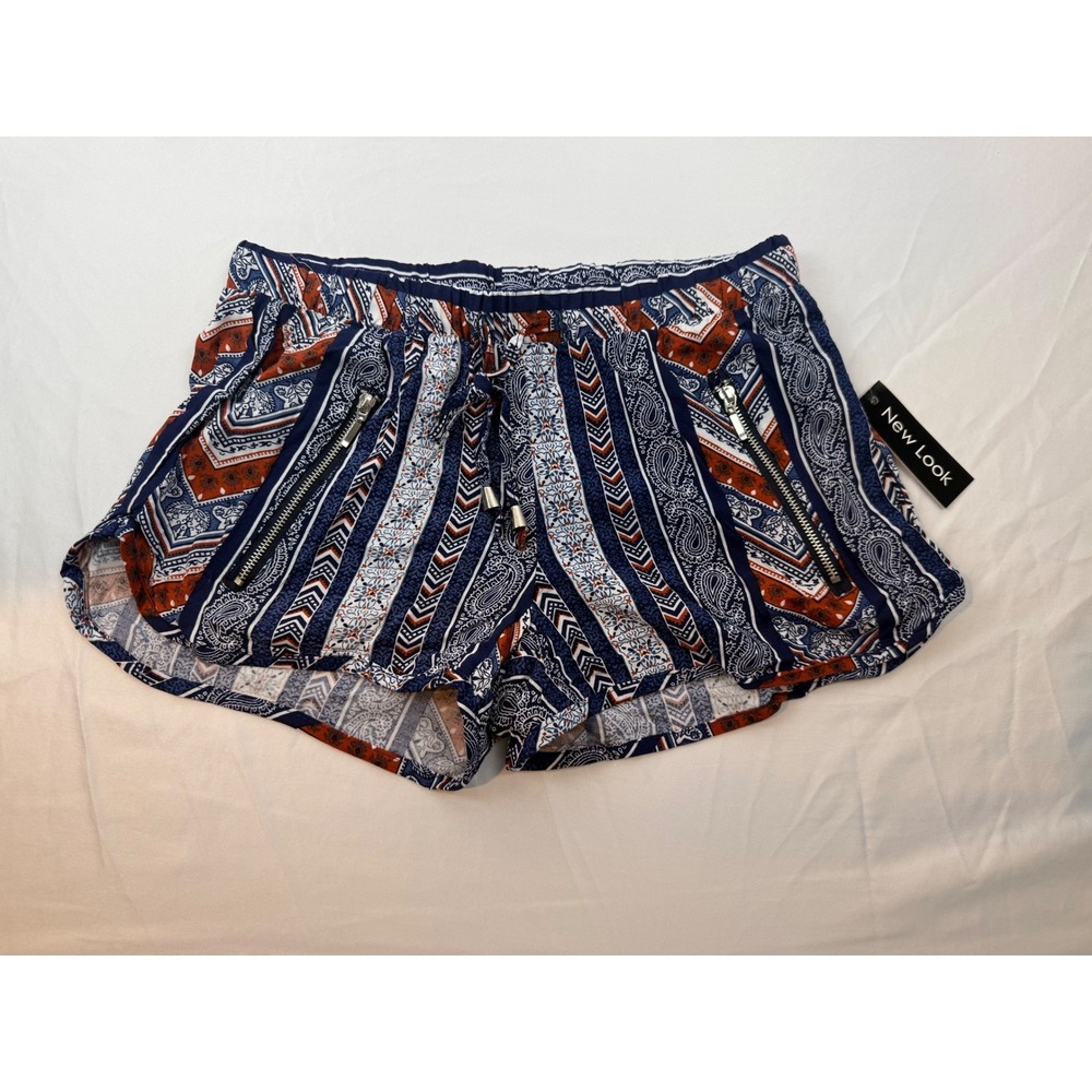 New Look Navy Blue Rust Paisley Geometric Boho Shorts Small NWT